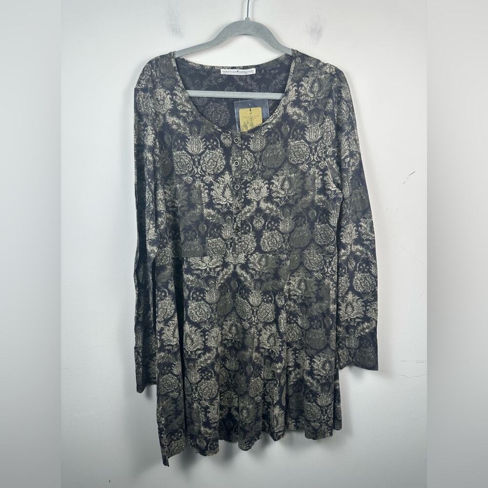Peruvian Connection Floral Ottoman Henley Tunic Women XL Black NWT Raw Hem